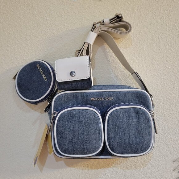 NWT Michael Kors Jet Set Medium Denim Crossbody Bag with Case for Apple Airpods - Picture 1 of 9